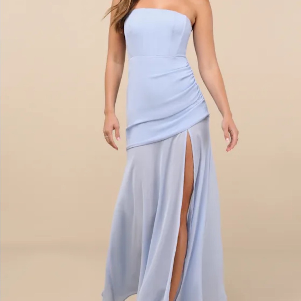 Lulu's Strapless Pale Blue Maxi Gown with High Slit